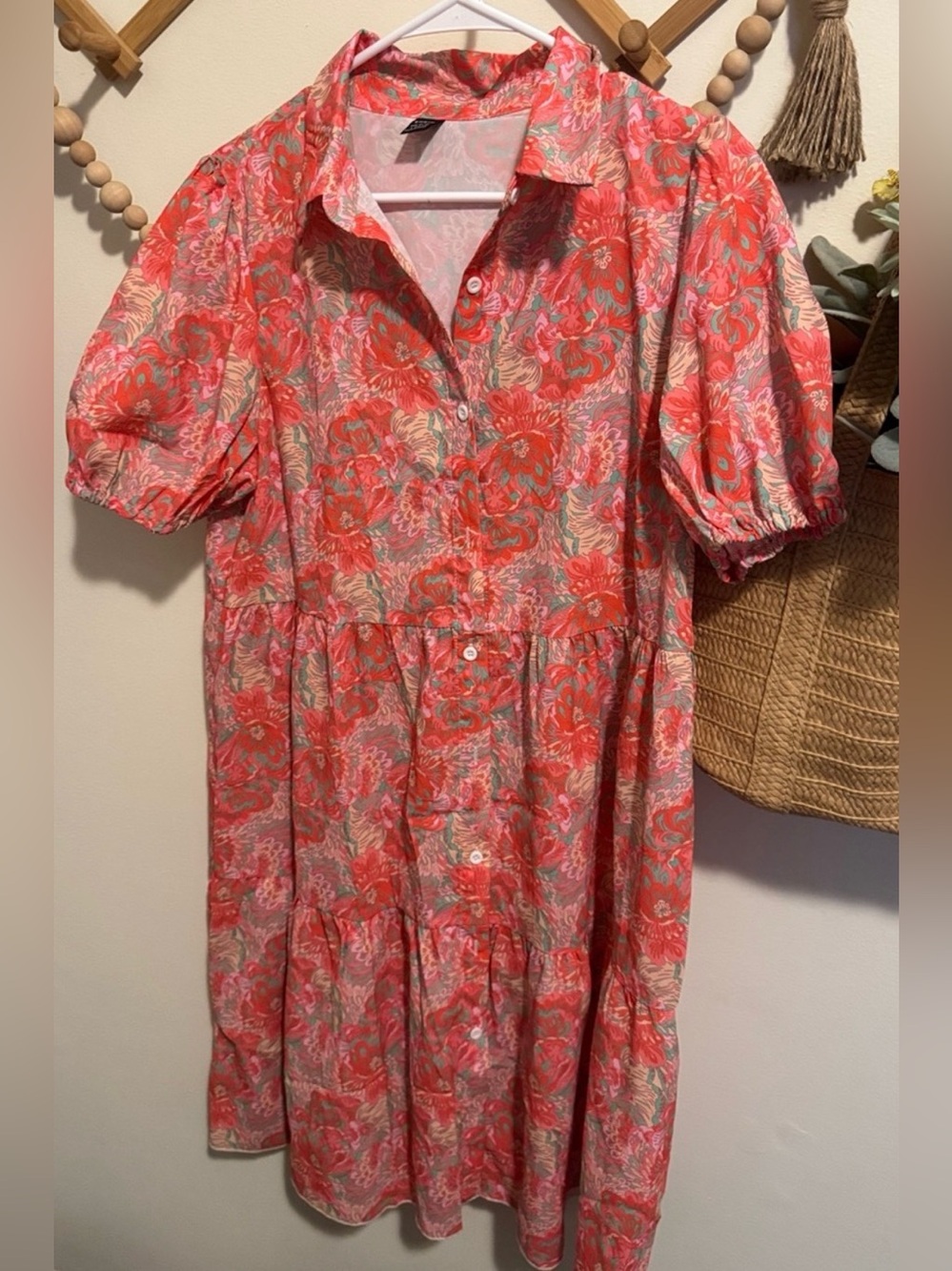 SHEIN Coral Pink Floral Puff Sleeve Mini Dress